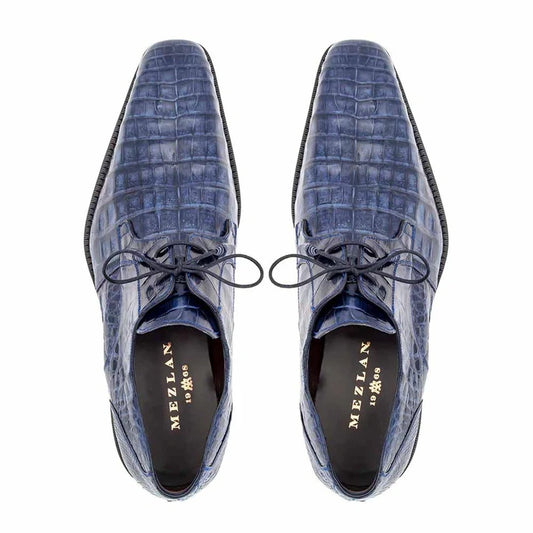 Mezlan Blue Crocodile Alligator Embossed Leather Dress Shoes for Men – Luxury Lace Up Oxford Shoes – Blue Exotic Pattern Formal