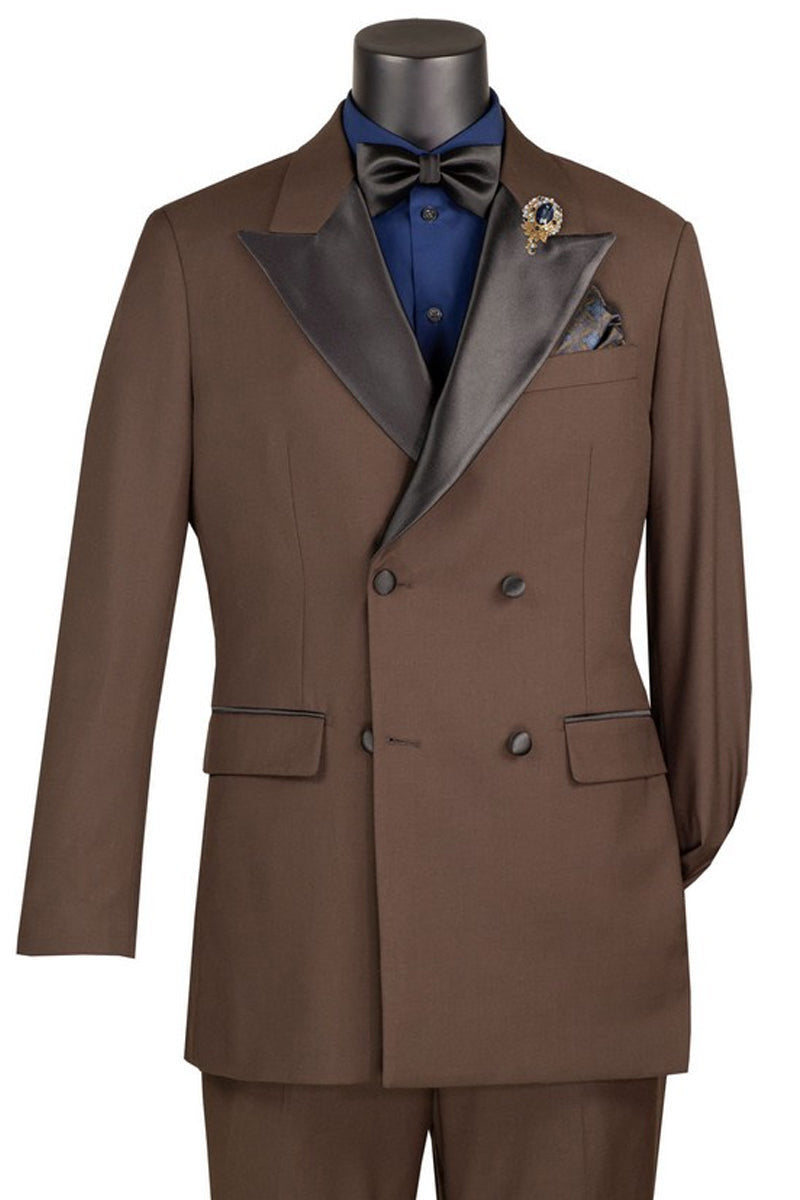 Men’s Brown Double Breasted Tuxedo – Satin Peak Lapel Formal Wedding & Prom Suit