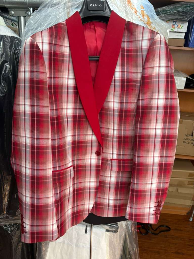 Mens Tartan Red and White Plaid Blazer – Check Pattern Sport Coat Red Shawl Lapel Party Christmas Holiday New Year - 36 Short