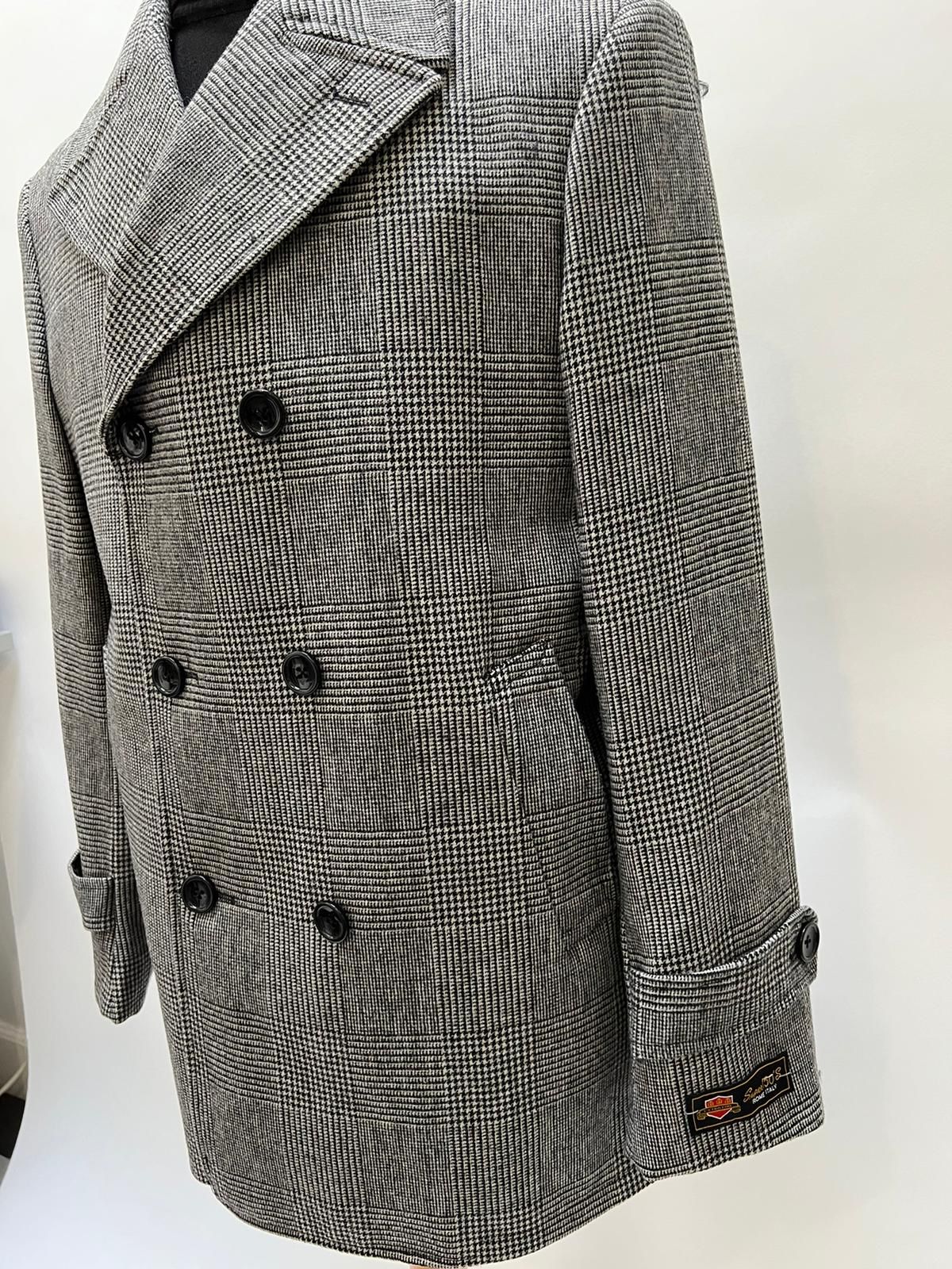 Mens Grey Plaid Double-Breasted Overcoat with Black Faux Fur Collar – Classic Winter Peacoat - Coat Size 38