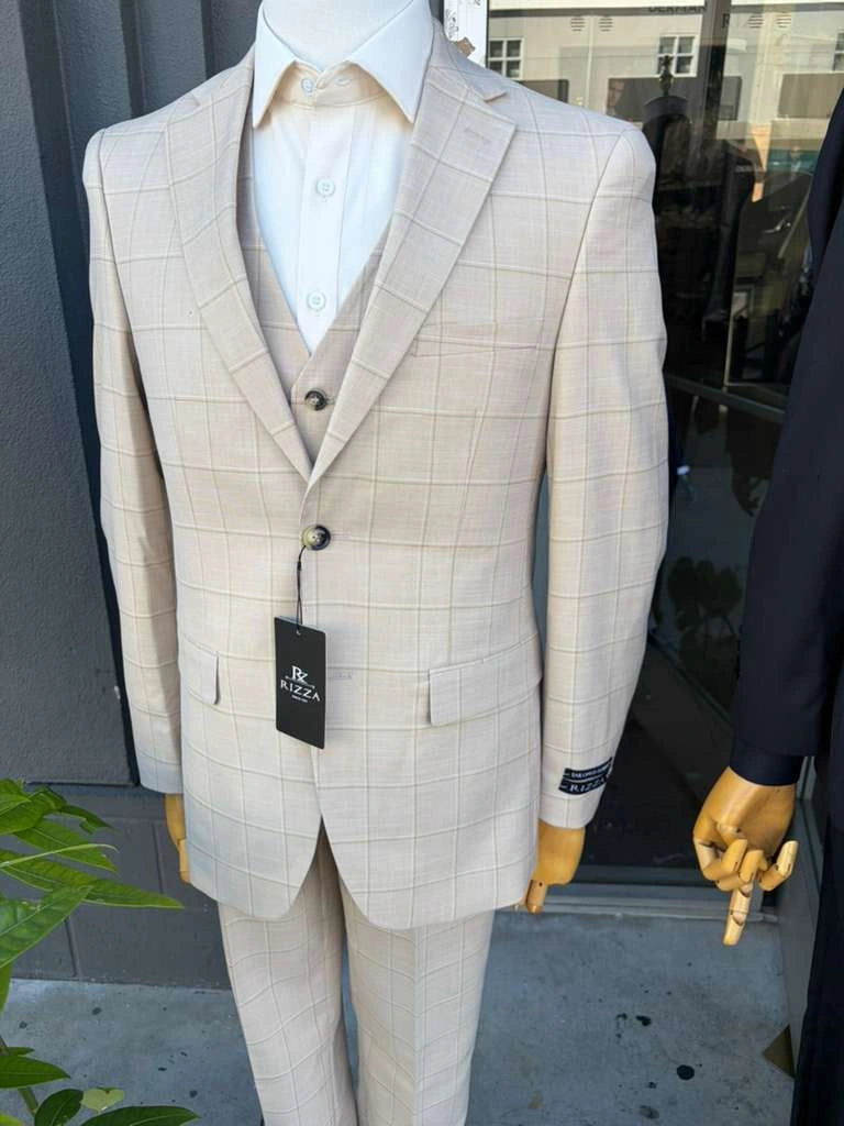 Men’s Cream Tan Beige Windowpane Plaid Western Blazer, Formal Cowboy Wedding Prom Sport Coat Jacket - 36 Short