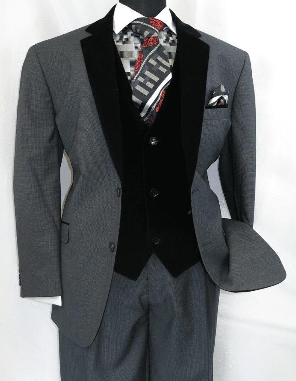 Men's Charcoal Gray 3-Piece Suit with Black Velvet Lapel â€“ Formal Business and Wedding Attire - Gray Tuxedo - 34 Short or Extra Small