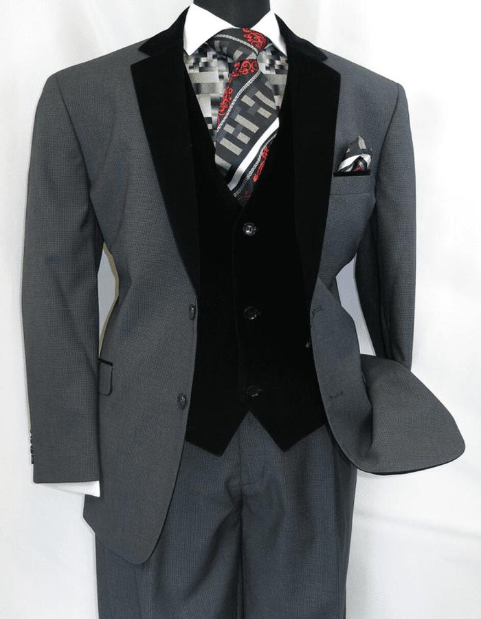 Men's Charcoal Gray 3-Piece Suit with Black Velvet Lapel â€“ Formal Business and Wedding Attire - Gray Tuxedo