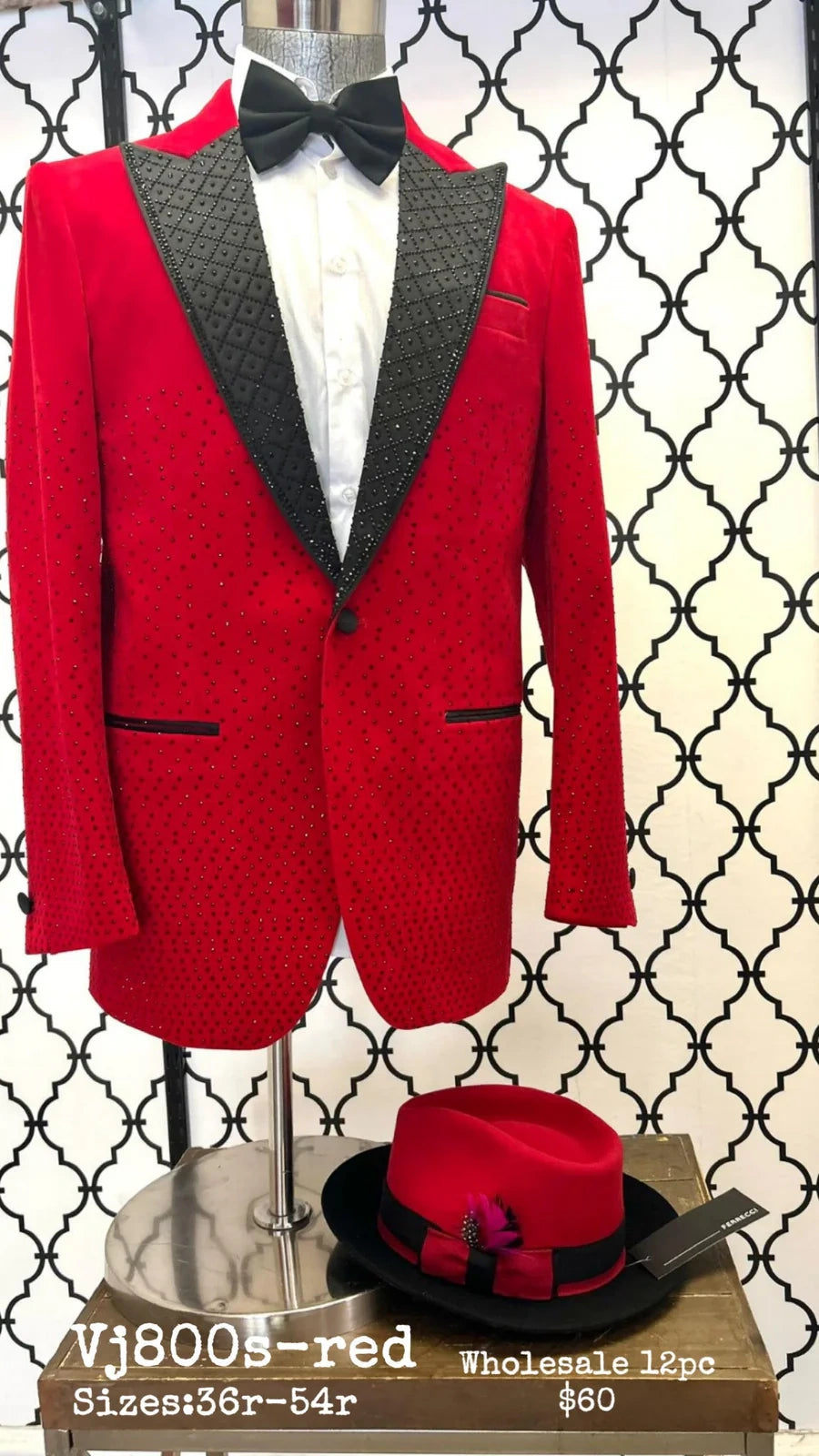 Men’s Red Velvet Fabric Rhinestone  Blazer with Matching Red and Black Hat – Christmas New Year Holiday Party Jacket Set - 36 Short