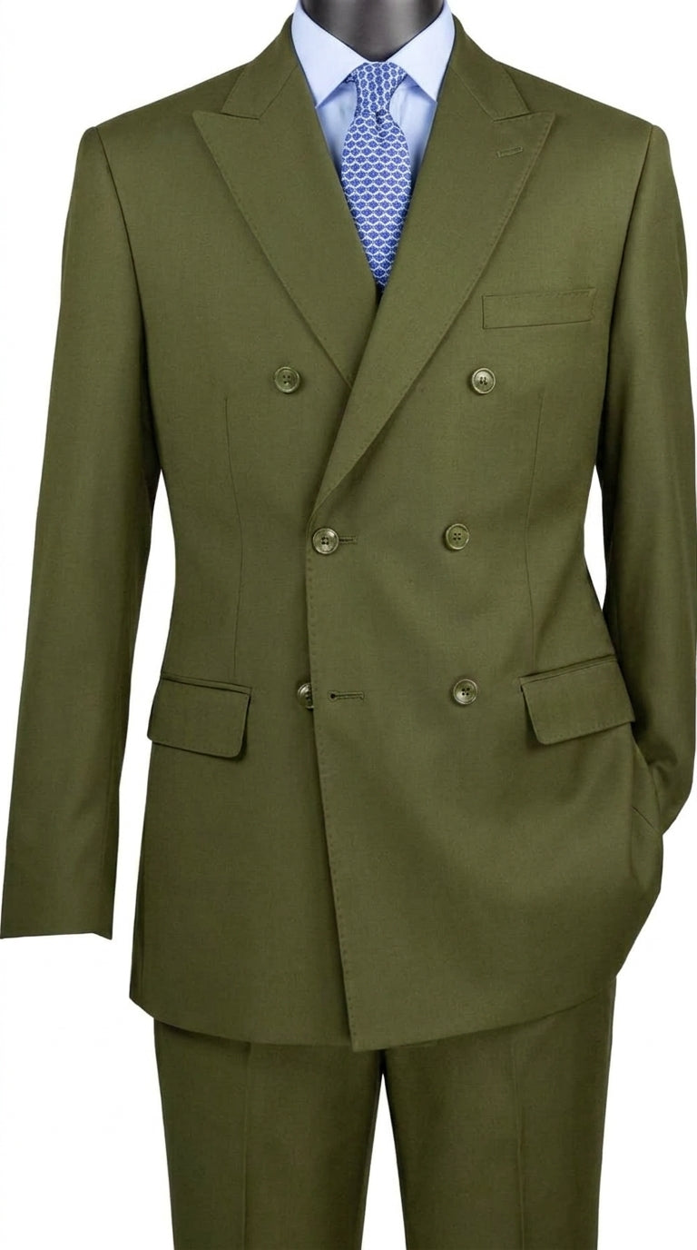 Men’s Olive Green Double-Breasted Suit – Classic Peak Lapel Wedding, Business Hunter Color - 34 Short or Extra Small