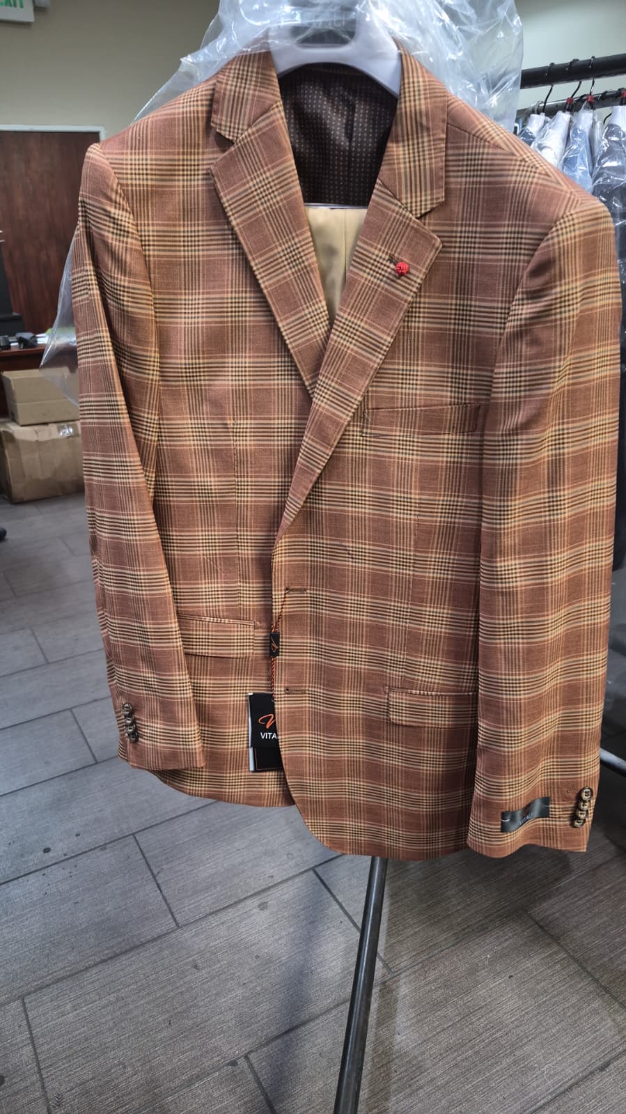 Vitali Men’s Rust Copper Brown Plaid Blazer with Tan Pants – Classic Windowpane, Business and Smart-Casual Birck color  Suit - 36 Short