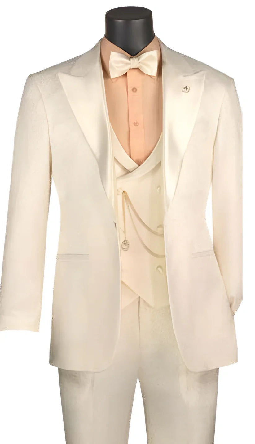Vinci Men’s Ivory Three Piece Suit – Ivory 3PC Formal Wedding Suit for Groom, Prom and Black Tie Events - 34 Short or Extra Small