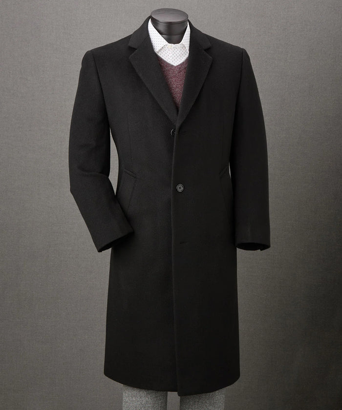 Men’s Big and Tall Black Cashmere Overcoat – Full-Length Winter Dress Coat for Business and Formal Wear