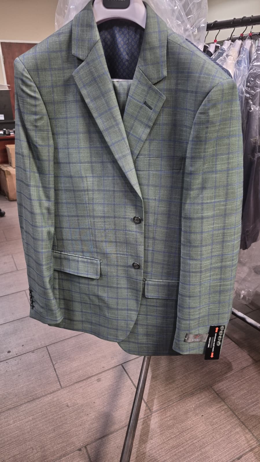 Men’s Sage Green Windowpane 2-Piece Suit – Modern Fit Plaid Wedding, Business and Formal Suit - 36 Short