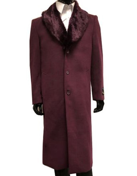 Mens Burgundy Three Quarter Coat with Faux Fur Collar Overcoat Luxury Winter Outerwear Three Quarter Carcoat Topcoat