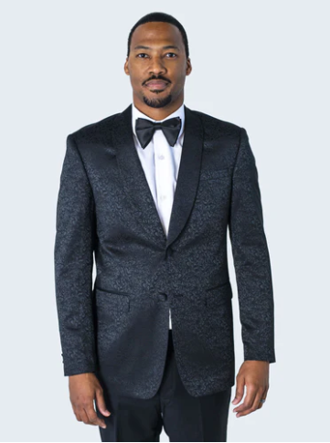 Mens Black Textured Paisley floral Tuxedo Suit Premium Slim Fit Formal Wedding, Prom, with Bowtie