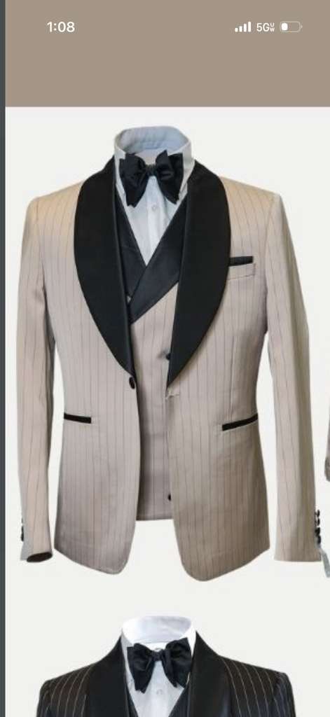 Men’s Beige Pinstripe Western 3 Piece Tuxedo Suit with Black Shawl Lapel, Formal Cowboy Wedding Prom Suit in Tan Khaki Color - 34 Short or Extra Small