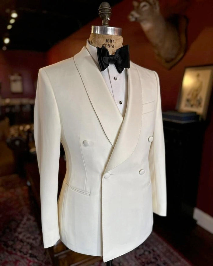 Men’s Ivory Wool Dinner Jacket – Classic Double Breasted Formal Tuxedo Jacket for Wedding and Black Tie Events