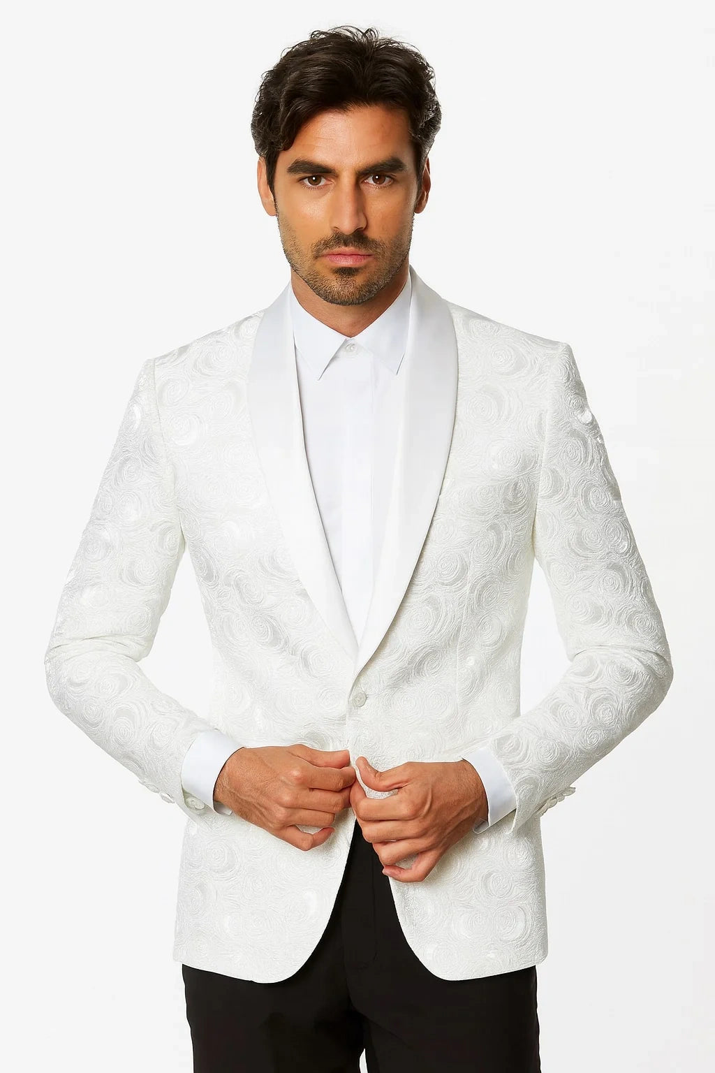 Men’s White Paisley Disco Blazer 1980s Style Jacket – Shawl Lapel Formal Party Blazer, Elegant Masquerade Club Wear, Stylish Evening Outfit - 36 Short