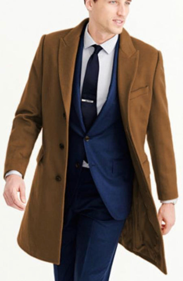 Mens Camel Brown Wool Overcoat â€“ Classic Long Dress Coat for Business and Casual Wear in Vecuna Color