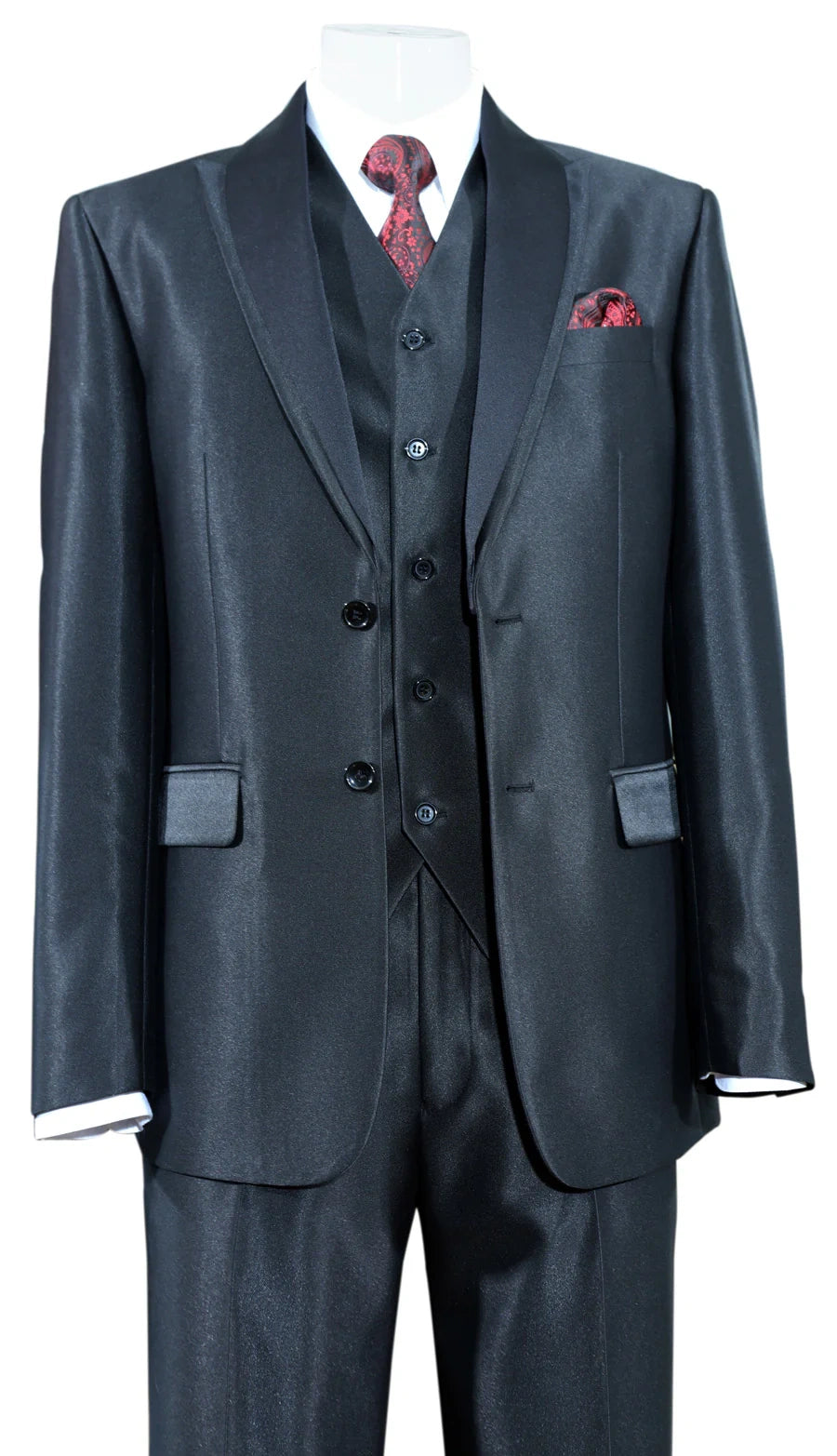 Men’s Black Shiny 3 Piece Tuxedo Groom Suit, Formal Vest Suit for Weddings, Prom, Black Tie Events, Black Lapel - 34 Short or Extra Small