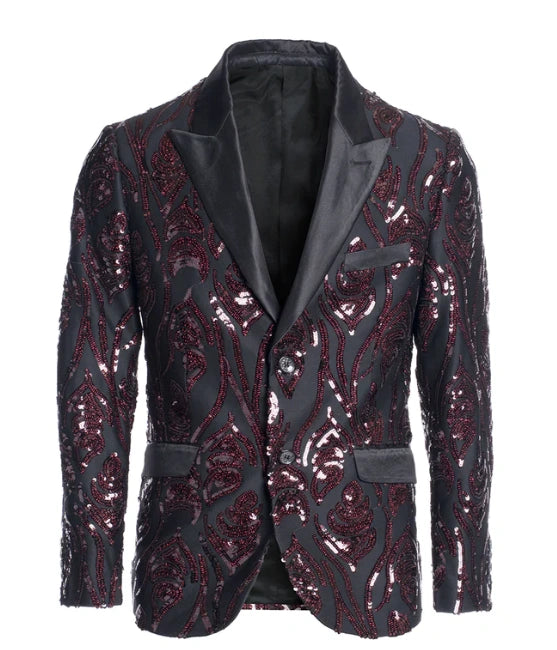 Men’s Black and Burgundy Sequin Blazer – Black Sparkle Sequin Party Blazer with Burgundy Pattern for Prom, Wedding Slim Fitted - 36 Short