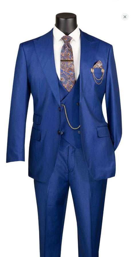 Men’s Royal Blue 3 Piece Suit Set with Vest – Formal Wedding and Party Wear Suit - Saphire Cobalt blue - 34 Short or Extra Small