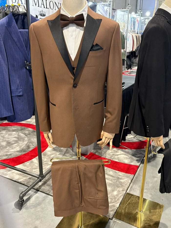 Men’s Light Brown Western Tuxedo 3 Piece Suit with Black  Collar Lapel, Country Look Cowboy Suit