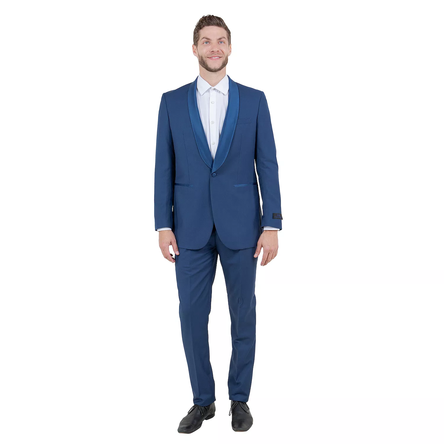 Mens Indigo Cobalt Blue Light Royal Blue Tuxedo Suit – Satin Shawl Lapel Wedding, Prom and Formal 2-Piece Suit - 34 Short or Extra Small