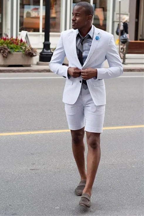 Men’s Cotton Fabric White 2 Piece Summer Suit with Shorts, Casual Beach Wedding and Resort Formal Outfit - 34 Short or Extra Small