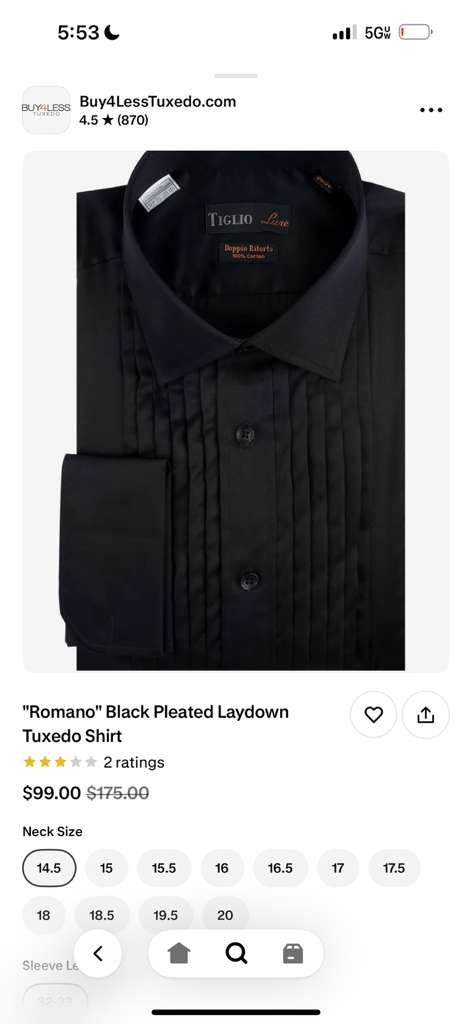 Mens Black Pleated Tuxedo Dress Shirt | Formal Laydown Collar Button-Up Shirt for Weddings & Black Tie By Tiglio