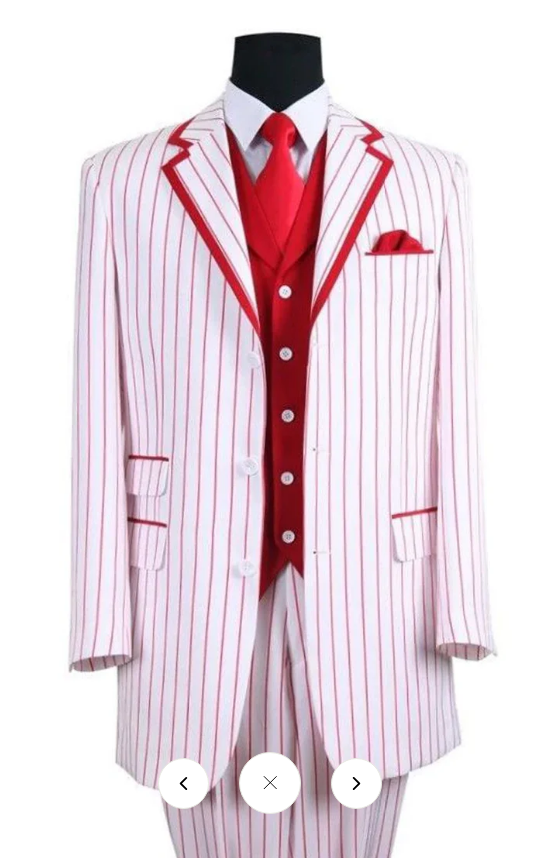 Men’s 1920s White and Red Pinstripe Zoot Suit with Fedora Hat and Wingtip Shoes – Vintage Gangster 3-Piece New Year Holiday Christmas Suit - 34 Short or Extra Small