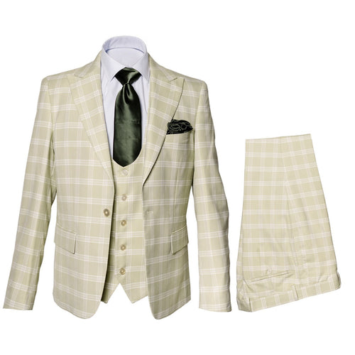 Mens Light Beige Check 3-Piece Suit Set  Premium Tailored Fit Formal Wedding and Spring Event Suit Light Tan Sand Color By Rossiman