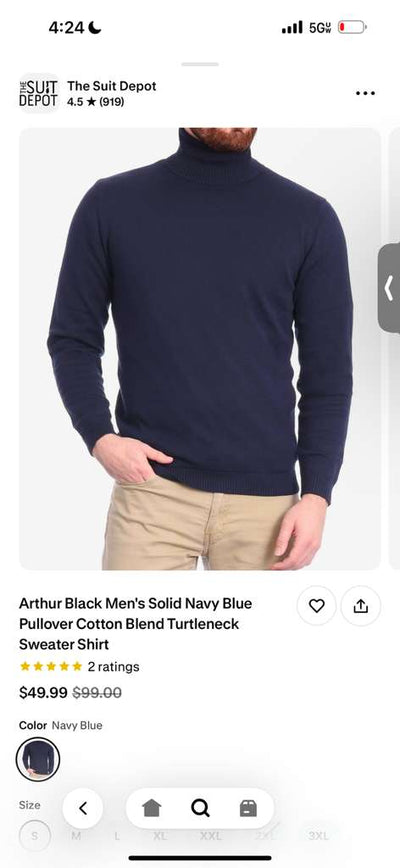 Mens Navy Blue Turtleneck Sweater Pullover | Cotton Blend Long Sleeve Knit Top for Casual & Smart Wear