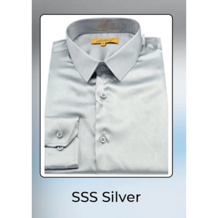 Mens Silver Satin Dress Shirt and Pants Set Luxury Slim Fit Outfit for Parties, Weddings, and Formal Events