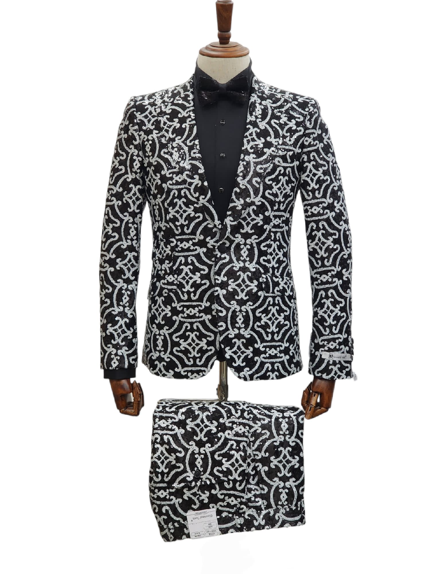 Mens Black and Silver Sequin Tuxedo Slim Fit 2-Piece Party and Wedding Suit with Sparkling Design- Black and White Color - 34 Short or Extra Small