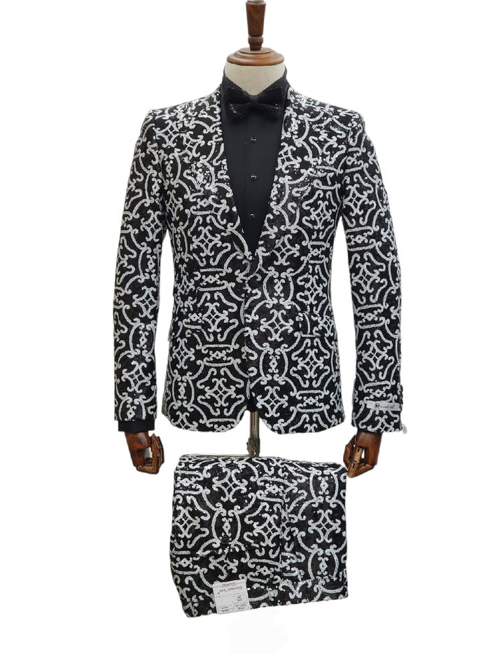Mens Black and Silver Sequin Tuxedo Slim Fit 2-Piece Party and Wedding Suit with Sparkling Design- Black and White Color