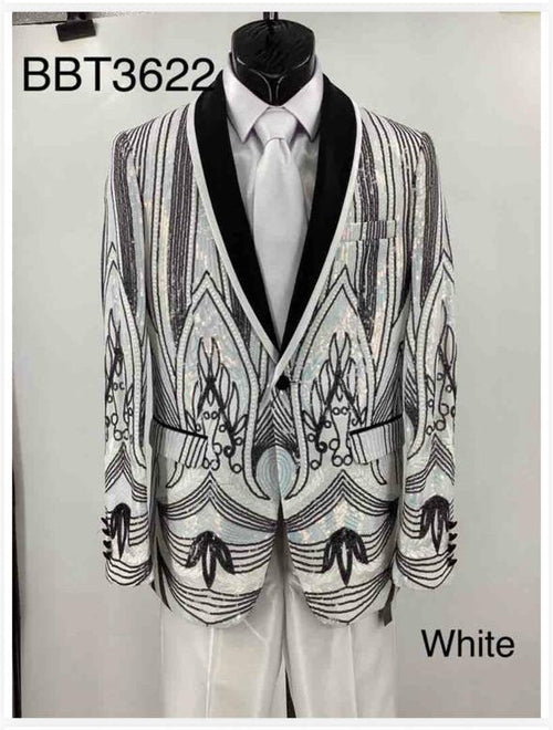 Men’s White and Black Patterned Tuxedo Blazer – Luxury Designer Dinner Jacket for Wedding, Prom and Formal Events New Year Christmas Holiday