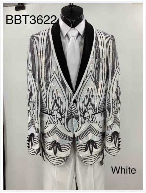 Men’s White and Black Patterned Tuxedo Blazer – Luxury Designer Dinner Jacket for Wedding, Prom and Formal Events New Year Christmas Holiday - 36 Short