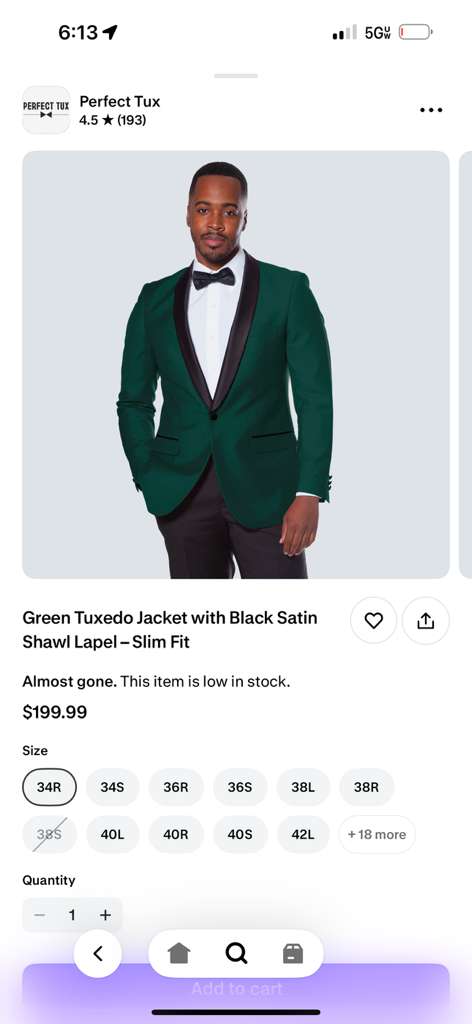 Men’s Emerald Green Tuxedo Jacket with Black Satin Shawl Lapel | Prom Dinner Blazer - 36 Short