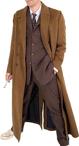 Men’s Brown Cotton Trench Coat Doctor Who 10th Doctor Inspired Long Coat – Classic Gabardina Style Overcoat, Vintage Winter Costume Jacket - Brown