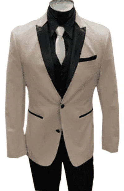 Men's Light Tan and Black Lapel Western Tuxedo Suit Set Wedding Party Cowboy Dress Tuxedo Black Pants - 34 Short or Extra Small