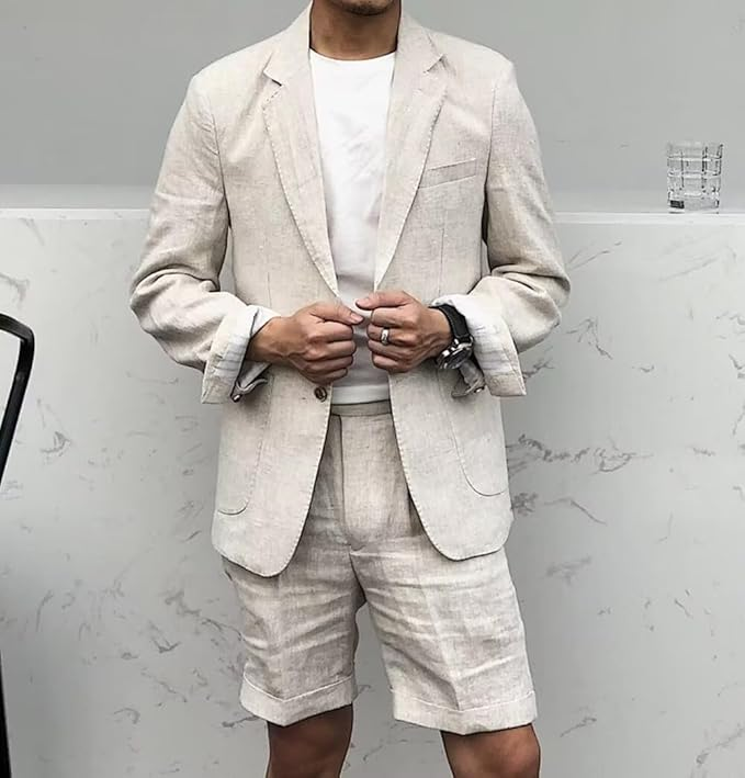 Men’s Tan Linen Suit with Shorts, 2 Piece Summer Short Suit, Casual Beach Wedding Outfit - 34 Short or Extra Small