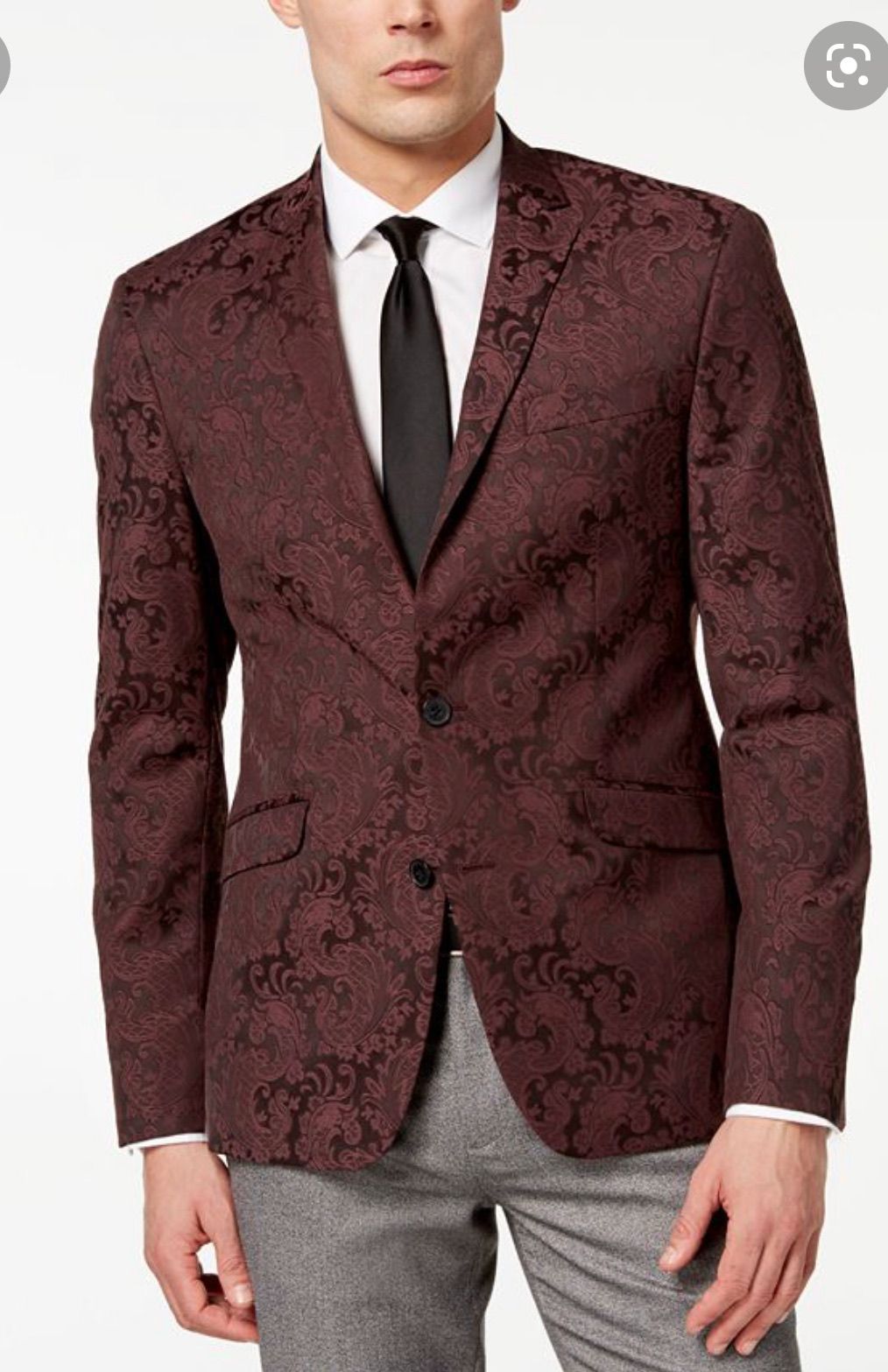 Mens Burgundy and Black Paisley Tuxedo Blazer â€“ Slim Fit Formal Dinner Jacket - 36 Short