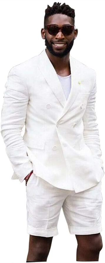 Men’s White Summer Suit with Shorts, 2 Piece Linen Style Wedding Beach Short Suit Set double breasted style - 34 Short or Extra Small