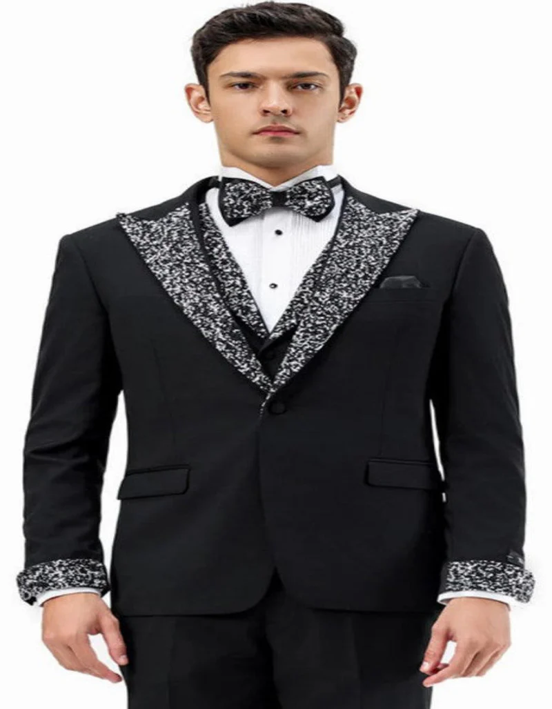 Mens Black and White Lapel Tuxedo Suit – Black Formal Tuxedo with White Pattern Lapel for Wedding, Prom and Evening Events - 34 Short or Extra Small