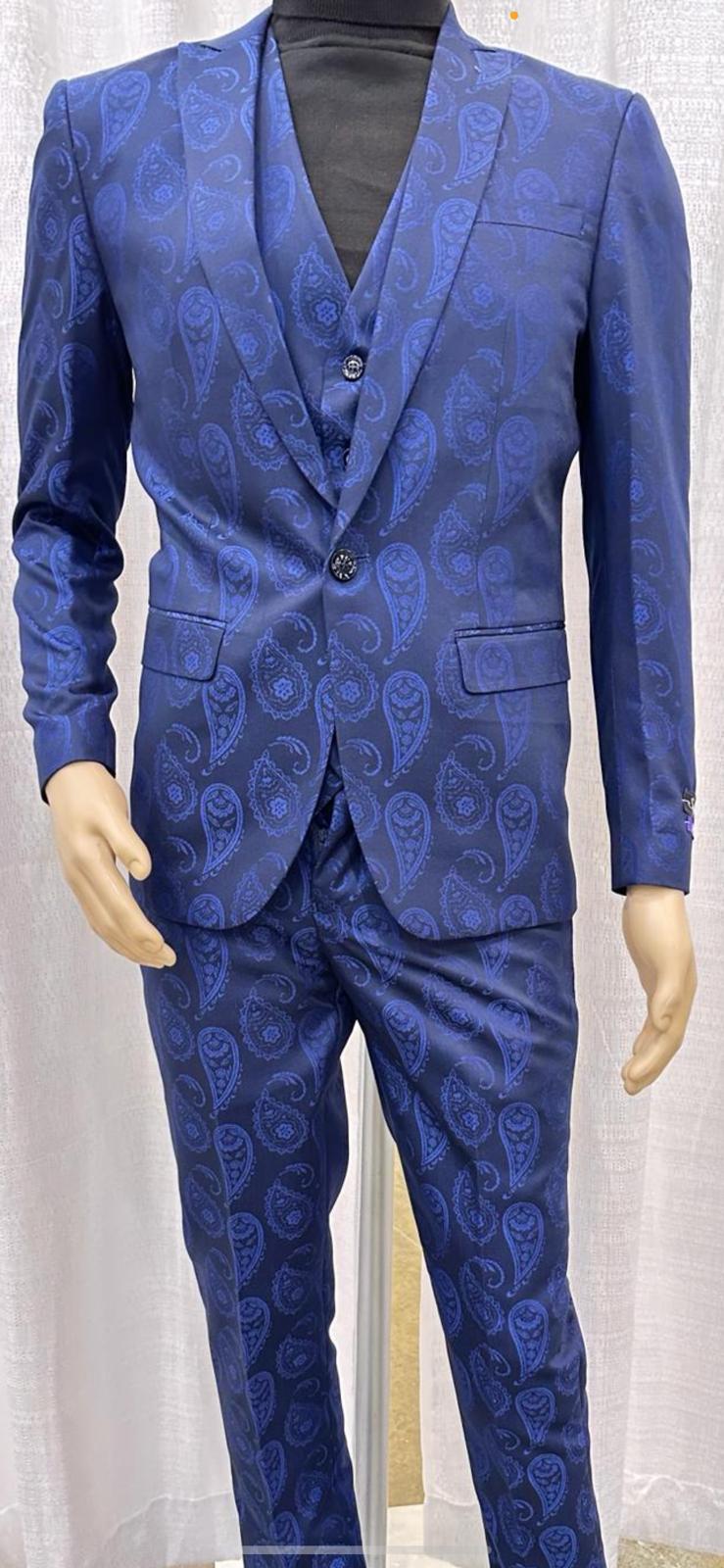 Men’s Saphire Blue Paisley 3-Piece Suit – Slim Fit Designer Tuxedo Set for Weddings and Formal Events in Cobalt Blue Color - 34 Short or Extra Small