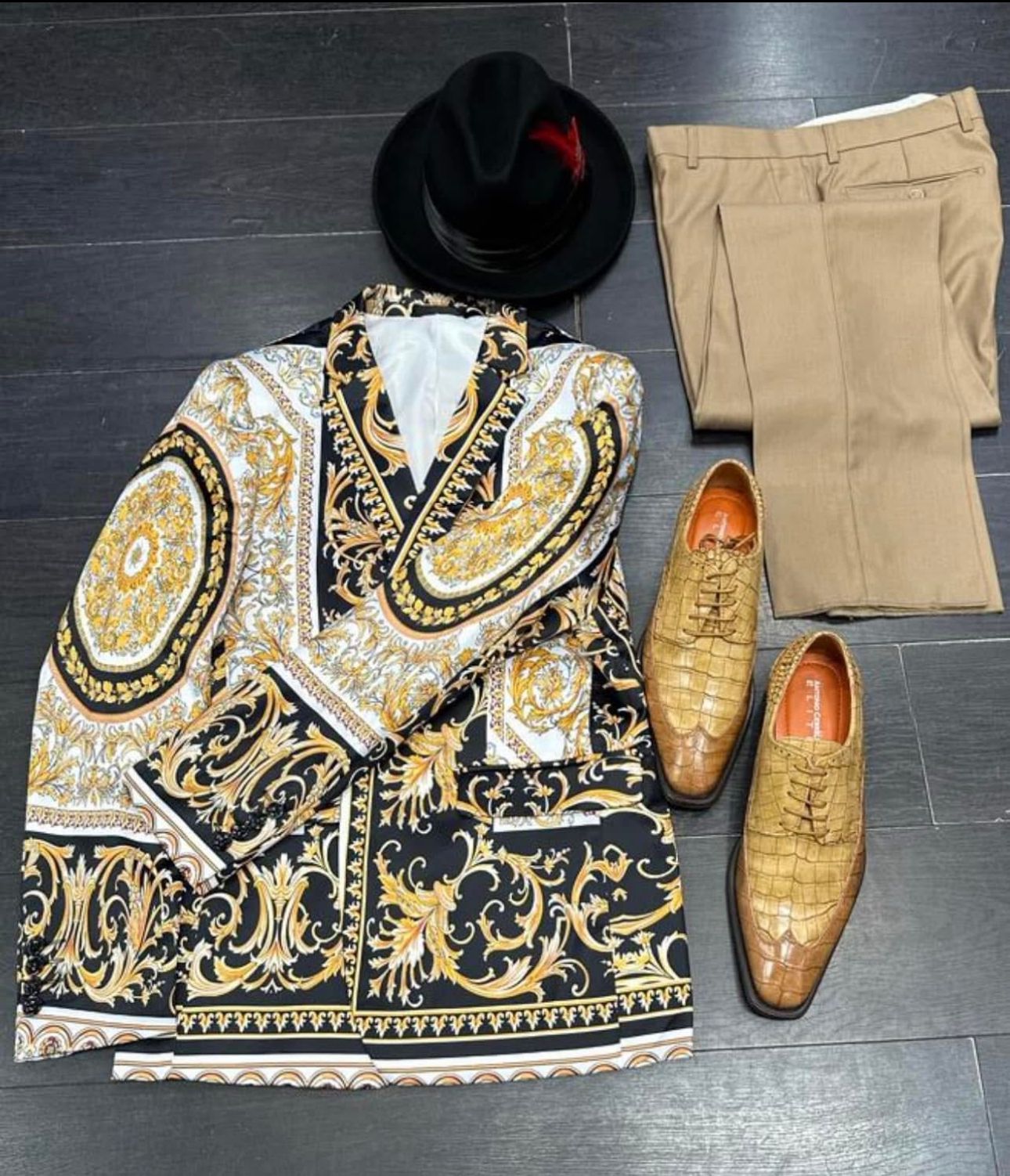 Menâ€™s Black and Gold Baroque Blazer with Matching Pants, Hat, and Shoes â€“ Luxury Party and Wedding Outfit Set - 36 Short