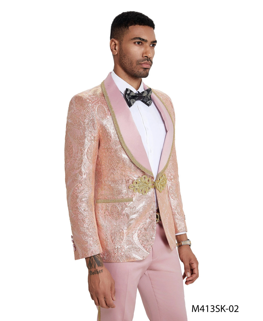 Men’s Rose Gold Pink Prom Tuxedo Suit – Slim Fit Paisley Pattern Formal Tuxedo Suit for Prom, Wedding and Special Events - 34 Short or Extra Small