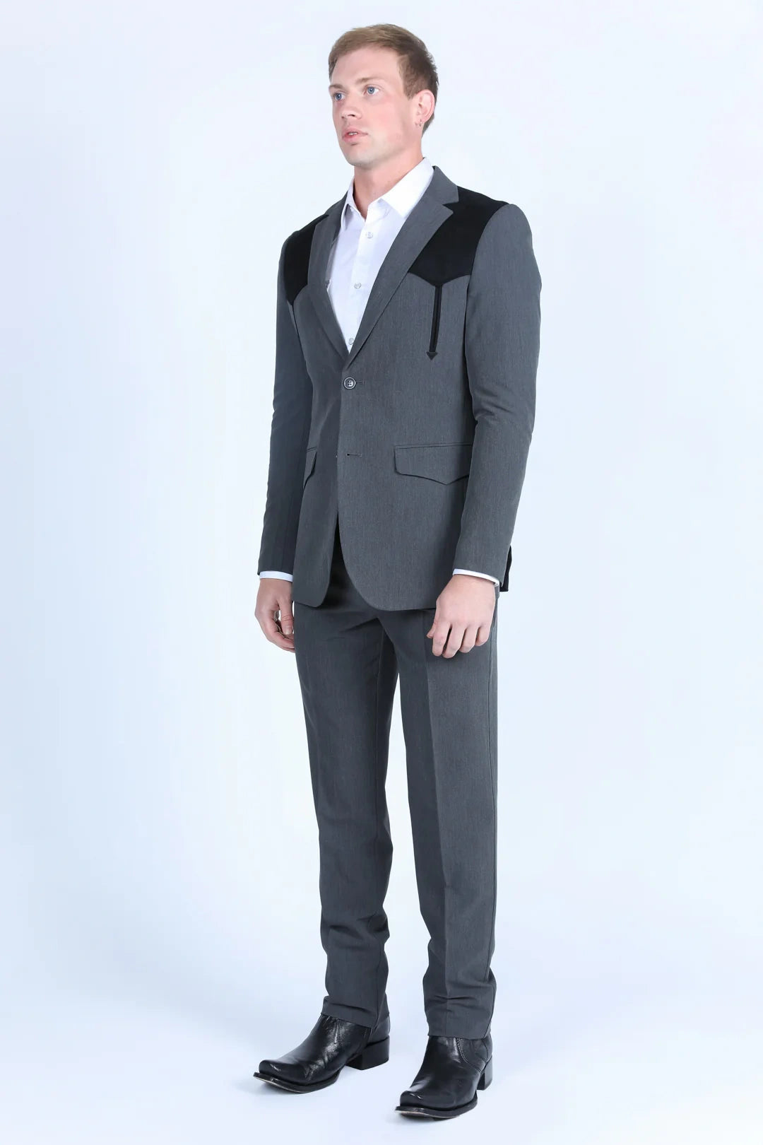 Men’s Dark Charcoal Western Blazer with Black Suede Yokes, Cowboy Sport Coat for Ranch Wedding and Country Events By Platini - 36 Short