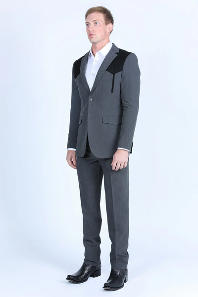 Men’s Dark Charcoal Western Blazer with Black Suede Yokes, Cowboy Sport Coat for Ranch Wedding and Country Events By Platini