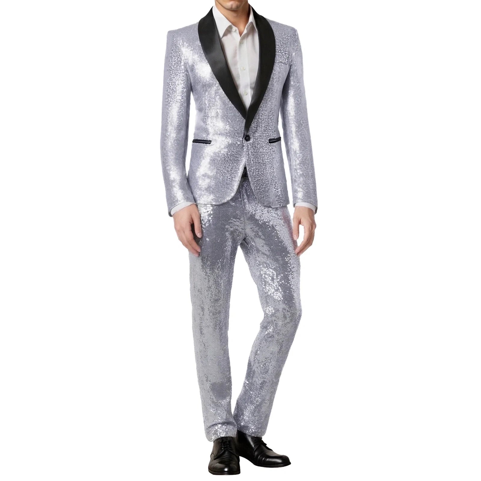 Mens Silver Grey Sequin Tuxedo Suit – Shiny Wedding Suit Set with Black Lapel for Prom, Party, Gala and Formal Evening Wear - 34 Short or Extra Small