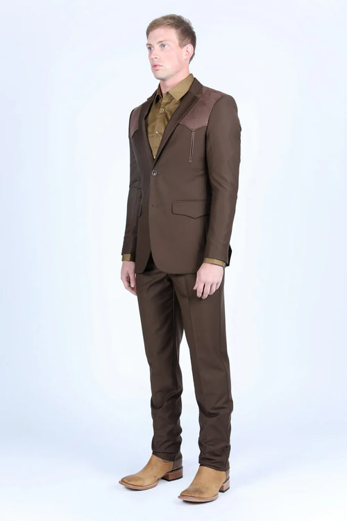 Men’s Dark Brown Western Blazer with Suede Yokes, Cowboy Sport Coat for Ranch Wedding and Country Events