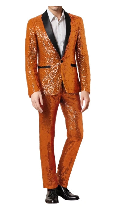 Mens Orange Sequin Tuxedo Suit – Shiny Wedding Suit Set with Black Lapel for Prom, Party, Gala and Formal Evening Wear - Goldish Orange - 34 Short or Extra Small