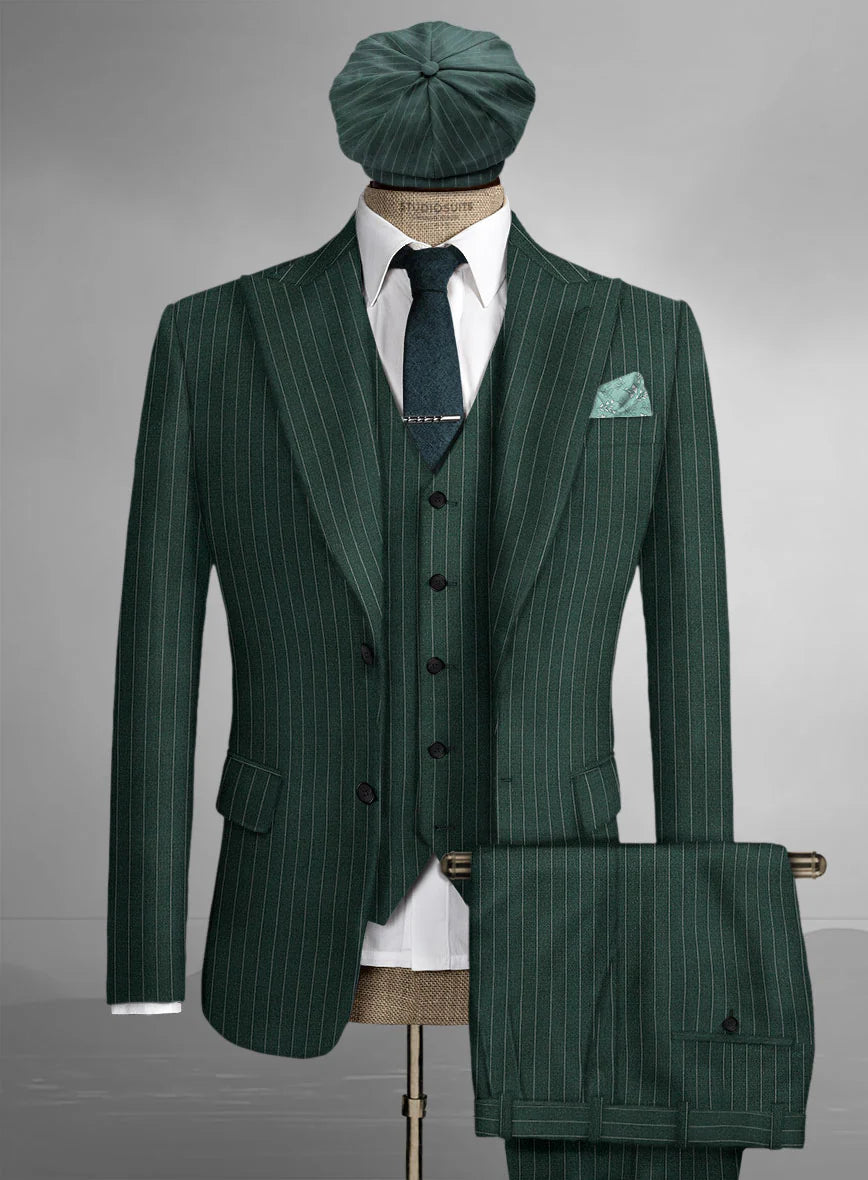 Men’s Hunter Green Pinstripe 3-Piece Suit – Vintage Wedding, Prom and Formal Suit with Matching Vest - 34 Short or Extra Small